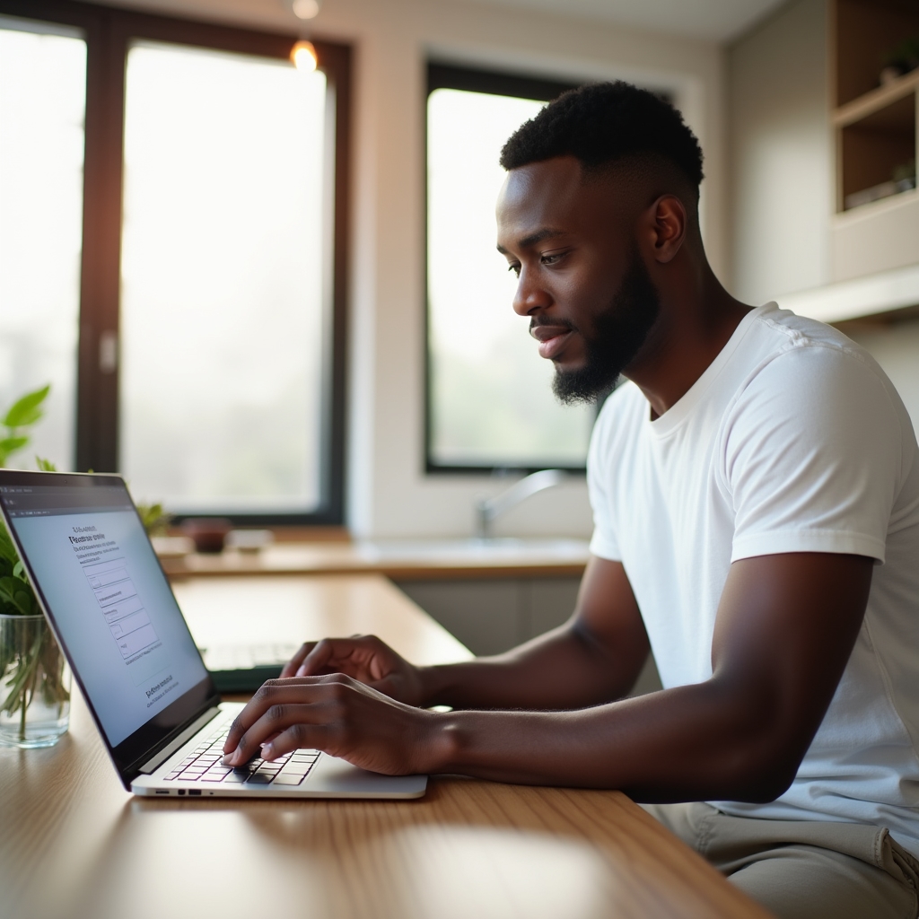 Person setting up a digital account on a laptop in a well-lit modern workspace