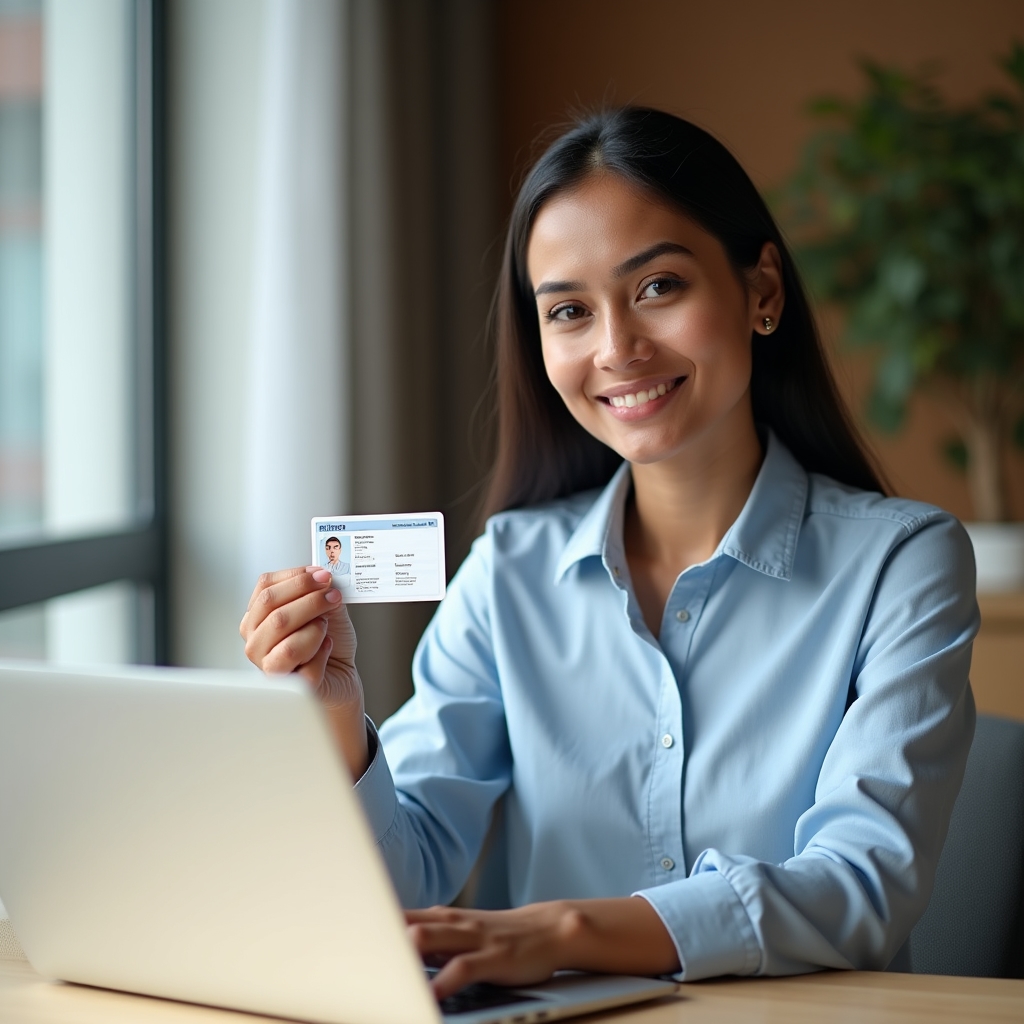 Person completing digital identity verification on a laptop in a bright professional environment