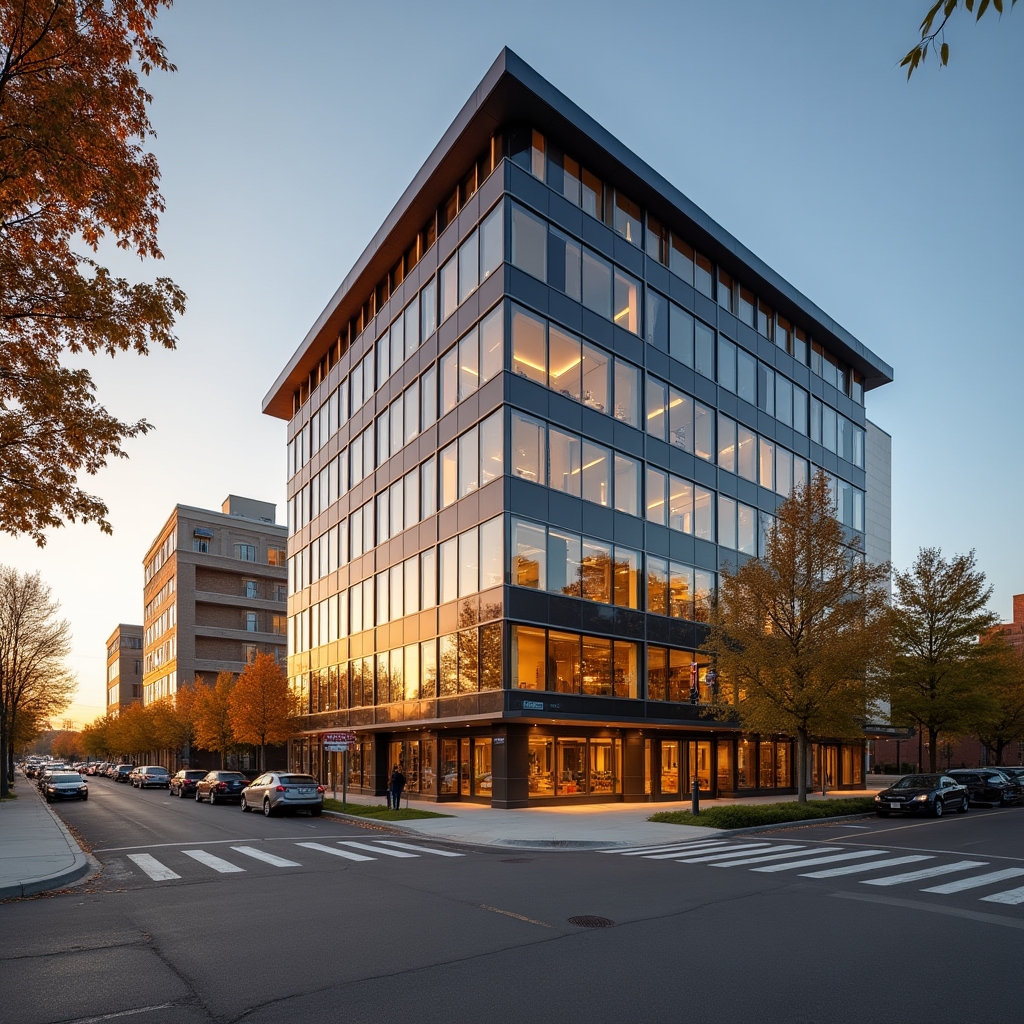 Professional office building in Minneapolis with clean modern architecture and warm afternoon light