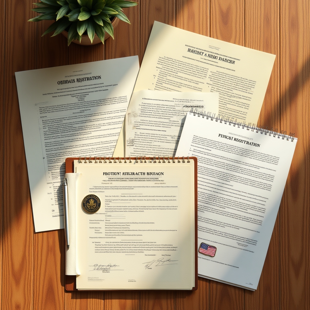 Financial compliance documents and regulatory framework materials arranged on a polished surface